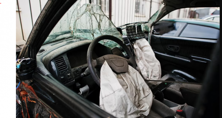 Damaged car at the scene of a Rialto DUI crash involving two toddlers.