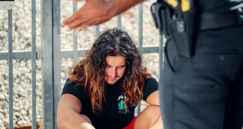 Police officer questioning a seated individual in Los Angeles, representing a public intoxication arrest under California Penal Code 647(f)